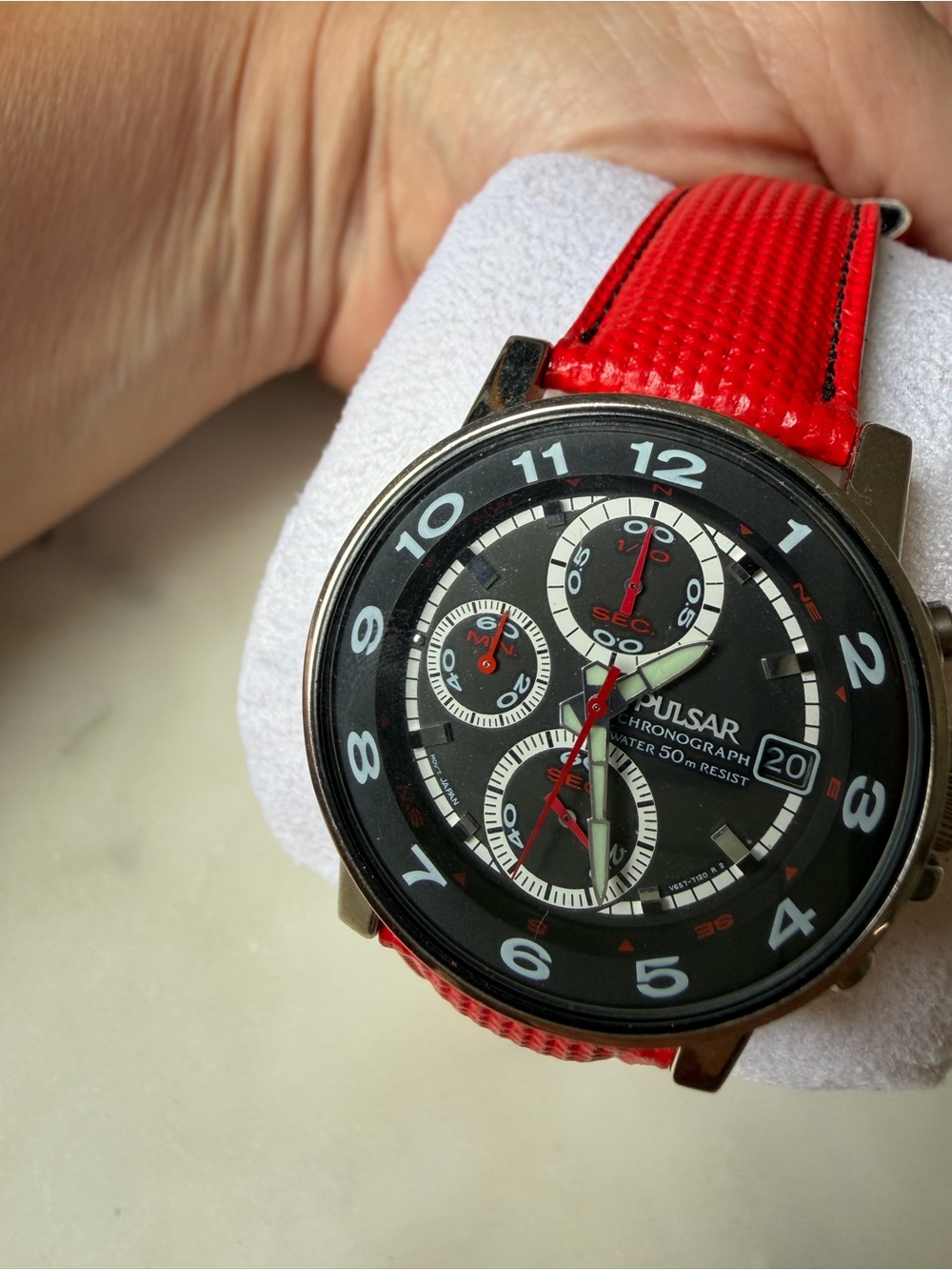 Pulsar Red Strap Men's Chronograph with Black Dial